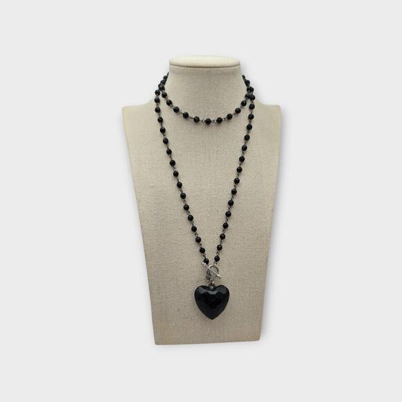 Black Faceted Heart Pendant Convertible Beaded Necklace - Picture 3 of 7